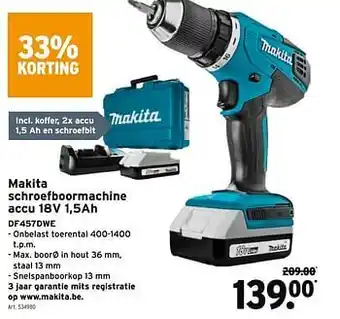 GAMMA Makita schroefboormachine accu 18v 1,5ah df457dwe aanbieding