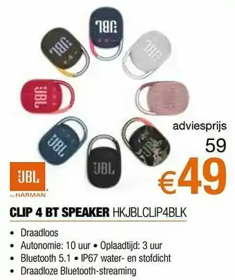 Expert Jbl clip 4 bt speaker hkjblclip4blk aanbieding