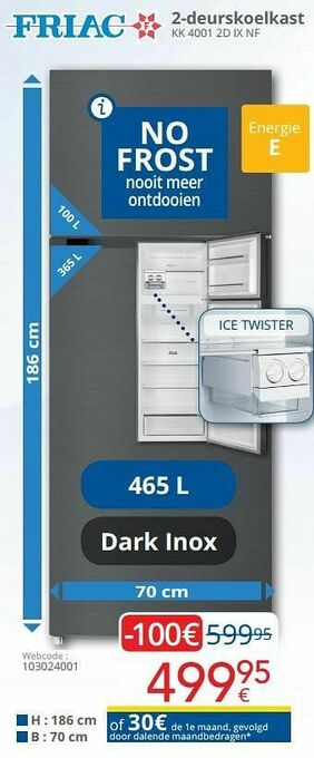 Eldi Friac 2-deurskoelkast kk 4001 2d ix nf aanbieding