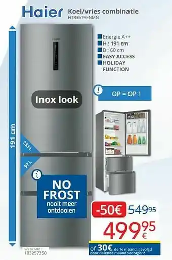 Eldi Haier koel-vries combinatie htr3619enmn aanbieding