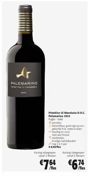 Colruyt Primitivo di Manduria D.O.C. Palemarino 2022 aanbieding