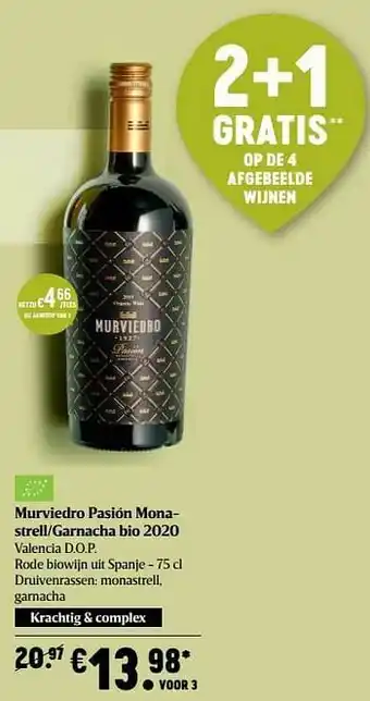 Delhaize Murviedro pasión monastrell-garnacha bio 2020 valencia d.o.p. rode biowijn uit spanje aanbieding