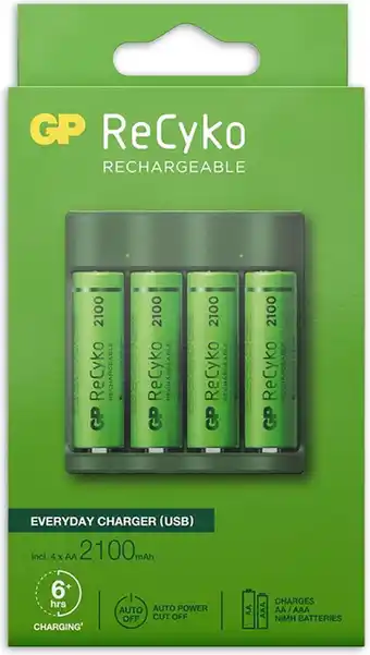 Bol.com GP USB batterijlader + 4 x AA-batterijen 2100mAh NiMH aanbieding