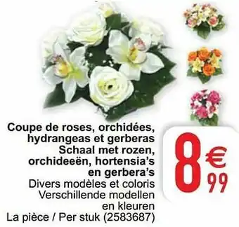 Coupe de roses orchidées hydrangeas et gerberas schaal met rozen orchideeën hortensia’s en gerbera’s