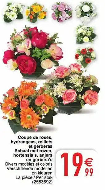 Cora Coupe de roses hydrangeas oeillets et gerberas schaal met rozen hortensia’s anjers en gerbera’s aanbieding