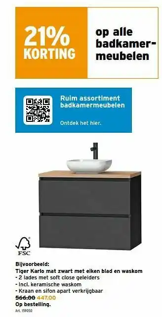 GAMMA Tiger karlo mat zwart met eiken blad en waskom aanbieding