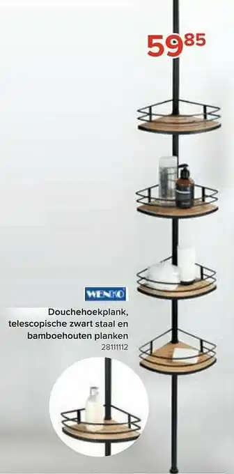 Euroshop Douchehoekplank, telescopische zwart staal en bamboehouten planken aanbieding
