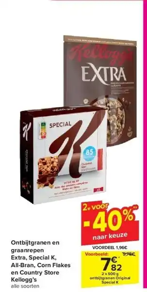 Carrefour Ontbijtgranen en graanrepen Extra, Special K, All-Bran, Corn Flakes en Country Store Kellogg’s aanbieding