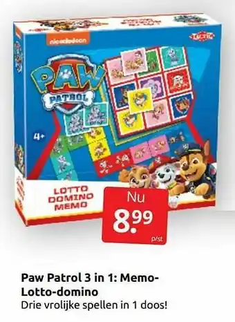 Boekenvoordeel Paw patrol 3 in 1: memolotto-domino aanbieding