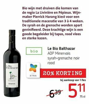 Spar Colruyt Le bio balthazar aop minervois syrah-grenache noir rood aanbieding
