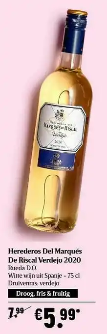 Delhaize Herederos del marqués de riscal verdejo 2020 rueda d.o. witte wijn uit spanje aanbieding