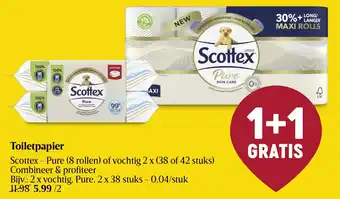 Delhaize Scottex - Pure (8 rollen) of vochtig 2 x (38 of 42 stuks) Toiletpapier aanbieding