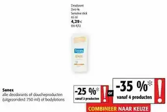 Colruyt Sanex deodorant zero % sensitive stick aanbieding