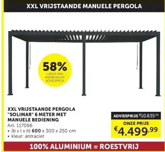 Zelfbouwmarkt XXL VRIJSTAANDE PERGOLA SOLIMAR 6 METER MET MANUELE BEDIENING aanbieding