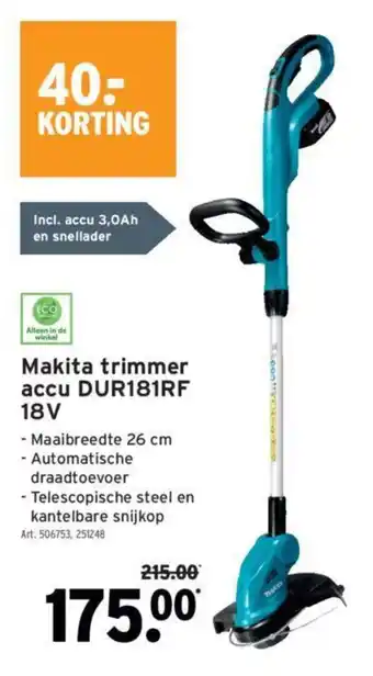 GAMMA Makita trimmer accu DUR181RF 18V aanbieding