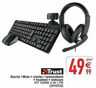 Cora Trust souris - muis + clavier - toetsenbord + headset + webcam kit home 4 in 1 fr aanbieding
