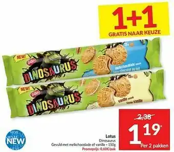 Intermarché Lotus dinosaurus gevuld met melkchocolade of vanille aanbieding