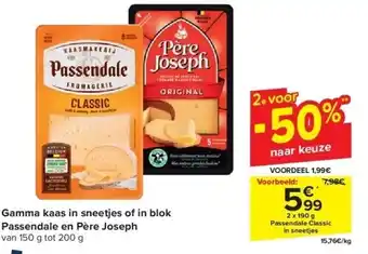 Carrefour Gamma kaas in sneetjes of in blok Passendale en Père Joseph aanbieding