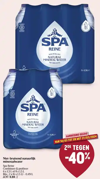Delhaize Spa Reine niet-bruisend natuurlijk mineraalwater aanbieding