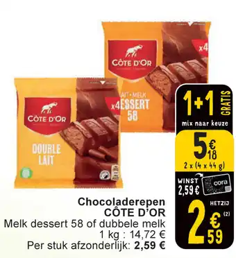 Cora Chocoladerepen CÔTE D'OR  2x  44g aanbieding