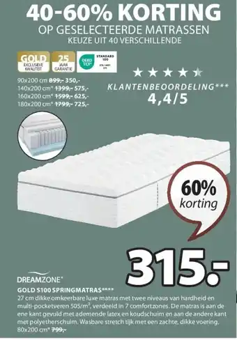 Jysk GOLD S100 SPRINGMATRAS aanbieding