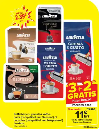 Carrefour Koffiebonen, gemalen koffie, pads (compatibel met Senseo) of capsules (compatibel met Nespresso) LavAzza 5 x 10 aanbieding