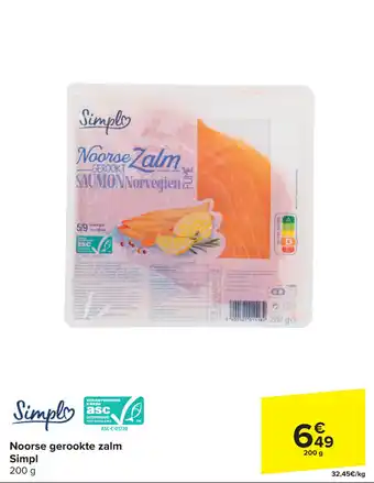 Carrefour Noorse gerookte zalm Simpl 200g aanbieding
