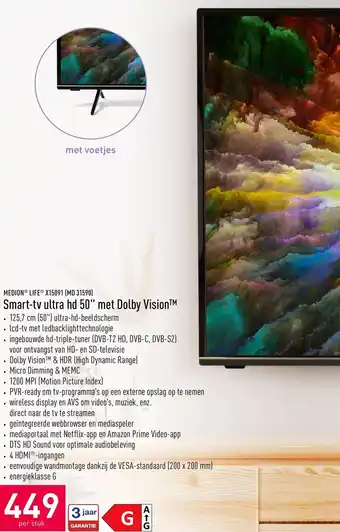 ALDI Medion life X15091 (MD 31590) Smart-tv ultra hd 50" met Dolby Vision aanbieding