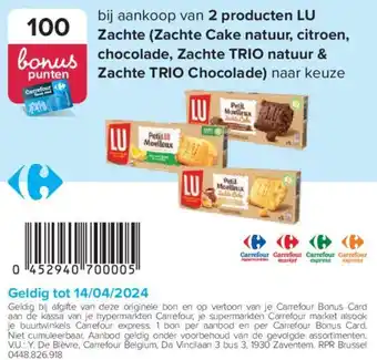 Carrefour bij aankoop van 2 producten LU Zachte Zachte Cake natuur, citroen, chocolade, Zachte TRIO natuur & Zachte TRIO Chocolade aanbieding