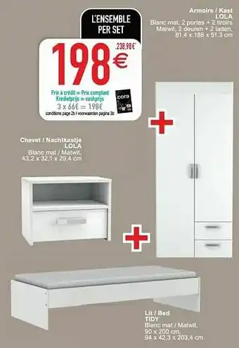 Cora Armoire - kast lola + chevet - nachtkastje lola + lit - bed tidy aanbieding