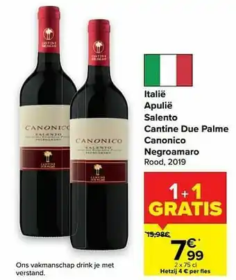Carrefour Italië apulië salento cantine due palme canonico negroamaro rood, 2019 aanbieding