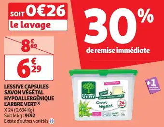 Auchan LESSIVE CAPSULES SAVON VÉGÉTAL HYPOALLERGÉNIQUE L'ARBRE VERT aanbieding