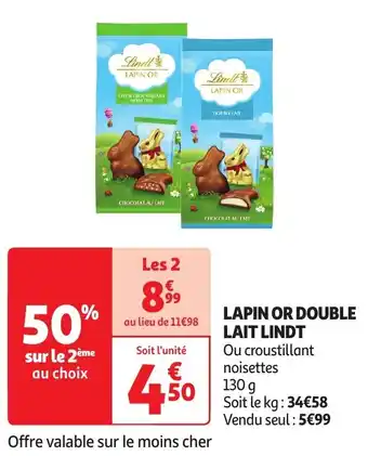 Auchan LAPIN OR DOUBLE LAIT LINDT 130g aanbieding