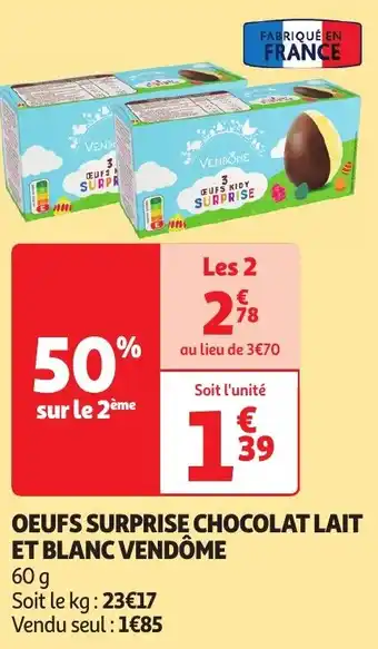 Auchan OEUFS SURPRISE CHOCOLAT LAIT ET BLANC VENDÔME 60g aanbieding