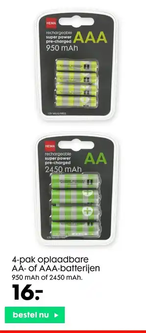 HEMA 4-Pak Oplaadbare AA- of AAA Batterijen aanbieding