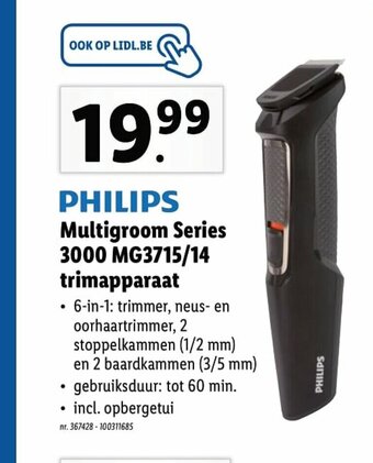 Lidl Philips Multigroom Series 3000 MG3715/14 Trimapparaat aanbieding