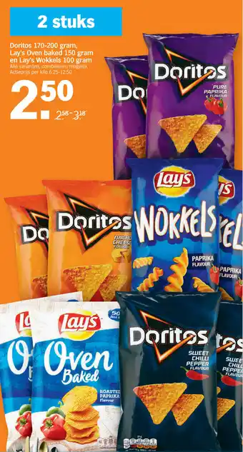 Albert Heijn Doritos 170-200 gram Lay's Oven baked 150 gram en Lay's Wokkels 100 gram aanbieding