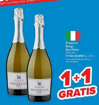 Hyper Carrefour Prosecco Borgo San Pietro Extra Dry 1+1 Gratis aanbieding