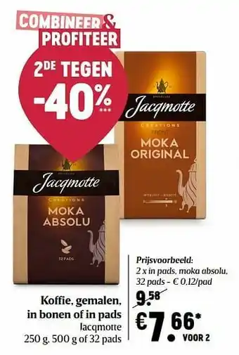 Delhaize Jacqmotte in pads, moka absolu aanbieding