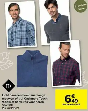 Carrefour Licht flanellen hemd met lange mouwen of trui cashmere touch v-hals of halve rits voor heren aanbieding