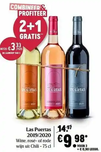 Delhaize Las puertas 2019-2020 witte, rosé- of rode wijn uit chili aanbieding