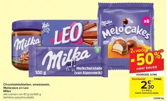 Carrefour Chocoladetabletten, smeerpasta, Melocakes en Leo Milka aanbieding