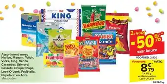 Carrefour Assortiment snoep Haribo, Maoam, Yolloh, Vicks, King, Venco, Carambar, Stimorol, Bassets, Chupa Chups, Look-O-Look, Fruit-tel aanbieding