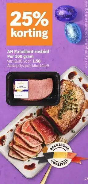 Albert Heijn AH Excellent rosbief Per 100 gram aanbieding