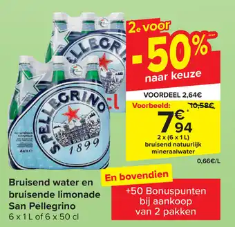 Carrefour Bruisend water en bruisende limonade San Pellegrino 2 x (6 x 1L) aanbieding