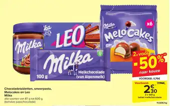 Carrefour Market Chocoladetabletten, smeerpasta, Melocakes en Leo Milka aanbieding