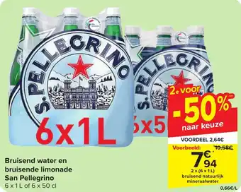 Carrefour Market Bruisend water en bruisende limonade San Pellegrino 6 x 1 L of 6 x 50 cl aanbieding