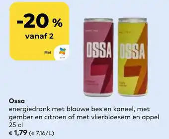 Bio Planet Ossa energiedrank met blauwe bes en kaneel, met gember en citroen of met vlierbloesem en appel 25cl aanbieding