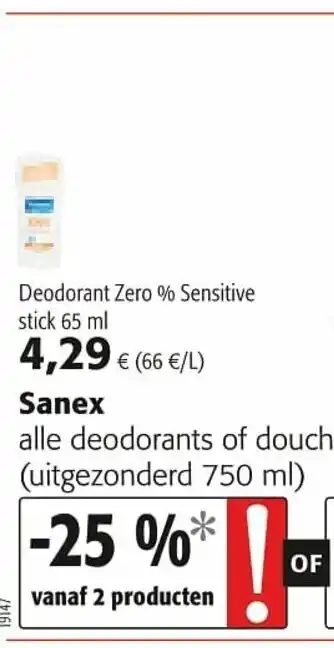 Colruyt Sanex Deodorant Zero % Sensitive stick 65ml aanbieding