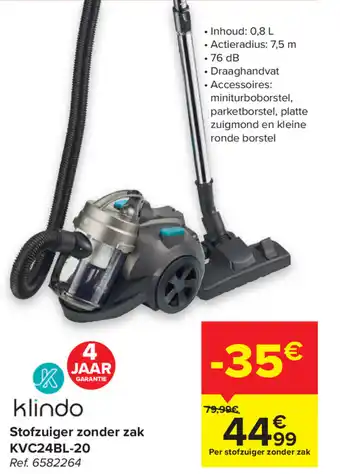 Carrefour Klindo Stofzuiger zonderzak | KVC24BL-20 aanbieding